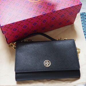 SOLD ❌ Tory Burch Black Saffiano Leather Robinson Chain Wallet